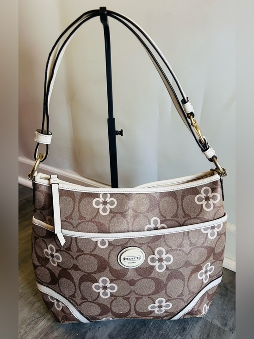 Coach Signature Clover Print Convertible Hobo Crossbody Bag Khaki White Purse